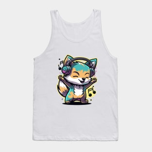 cute happy wolf wearing headphones music Tank Top